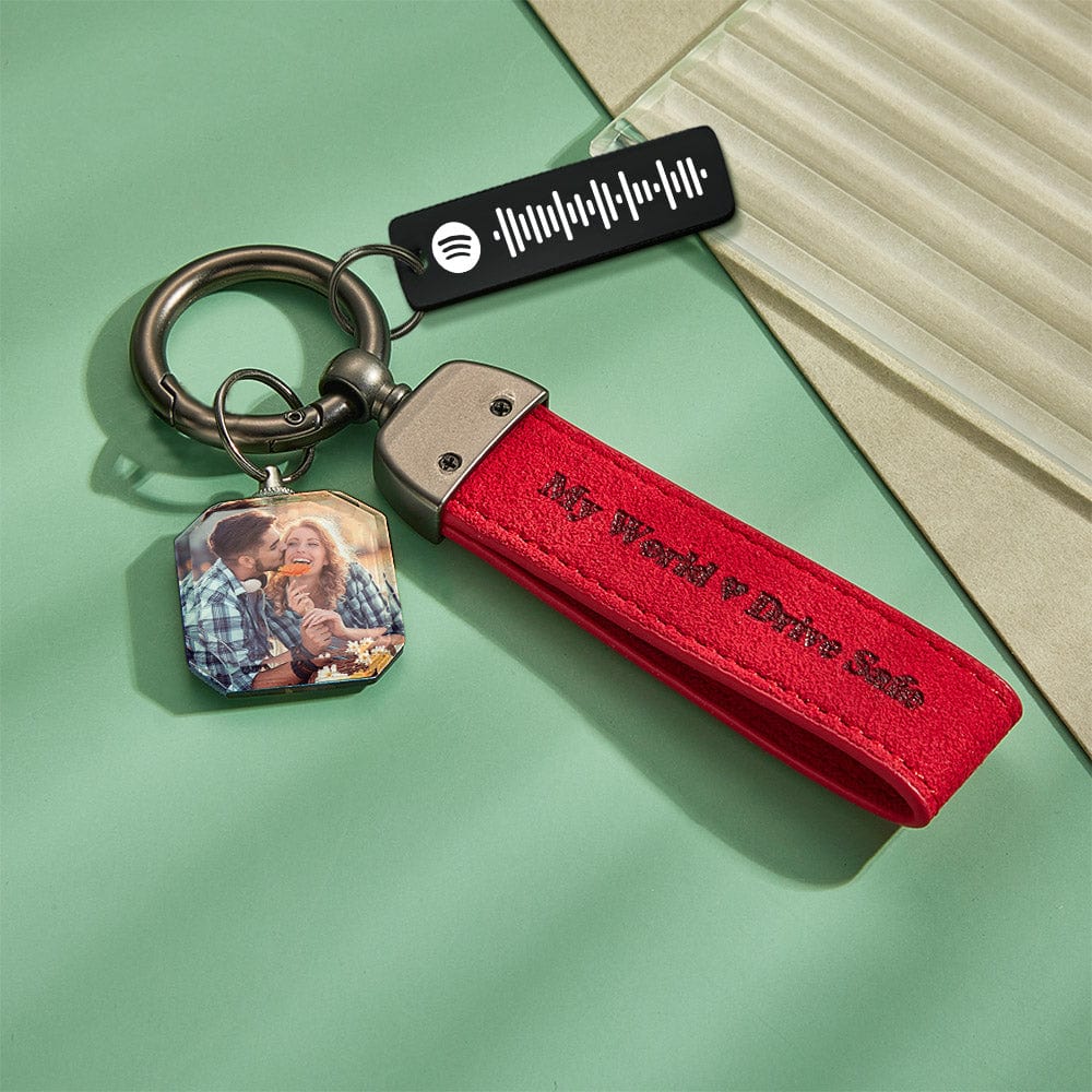 Drive Safe Personalized Engraved Leather Crystal Photo Spotify KeyChain - Image 2