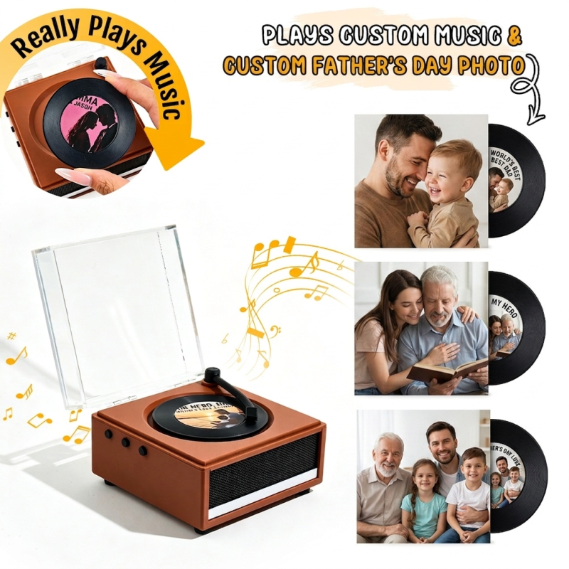 Personalized Mini Vinyl Music Player That Plays Music | Each Vinyl Can Play a Different Song, Custom Photo Album Cover, DIY Vinyl Color Gift for Dad on Father’s DayUS