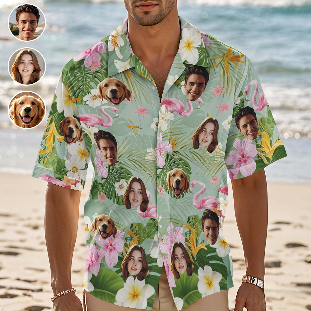 Custom Hawaiian Shirt Flamingo And Green Leaves Personalized Photo Hawaiian Shirt Funny Gift - Image 2