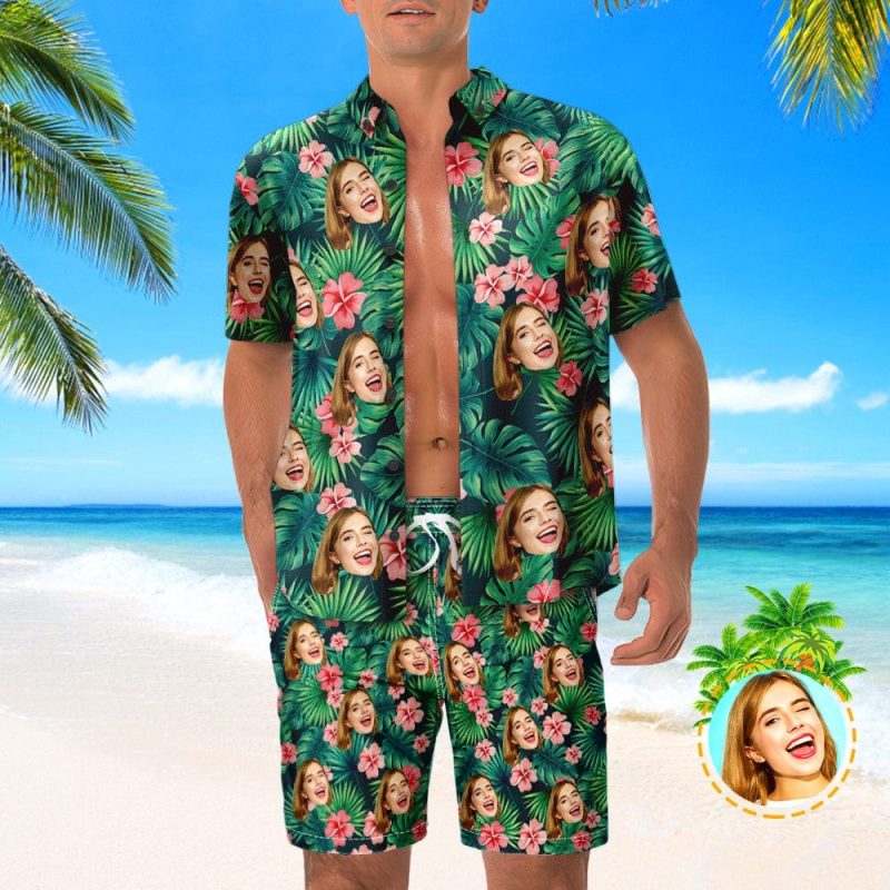 Custom Face Leaves & Flowers Hawaiian Shirt And Beach Shorts Set Personalized Men’s Photo All Over Print Set Vacation Party Gift
