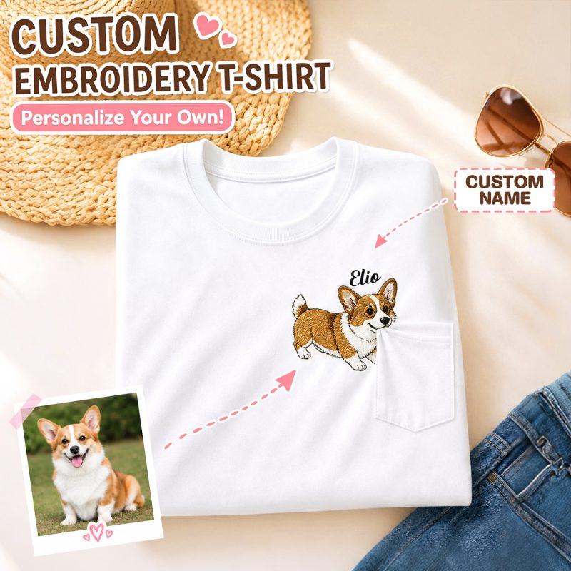 Personalized Embroidered Pet Pocket T Shirt Custom Dog Pocket Bite Shirt With Pet Portrait Name Cute Gift For Dog Lovers 2