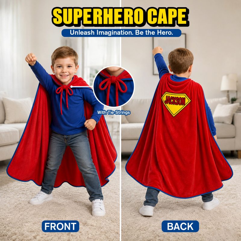 Personalized Superhero Cape Blanket – Wearable Fleece Throw with Diamond Name Patch, Funny Gift for Kids, Couples & Superhero Fans