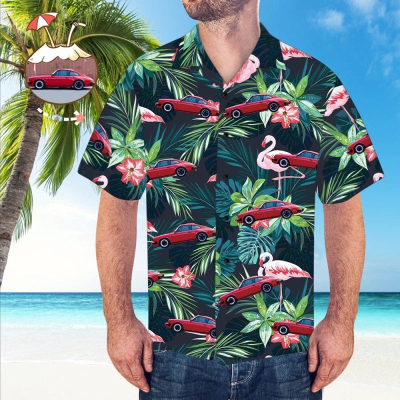 Custom Hawaiian Shirt With Car Gifts for Men – Leaves & Flamingo Pattern