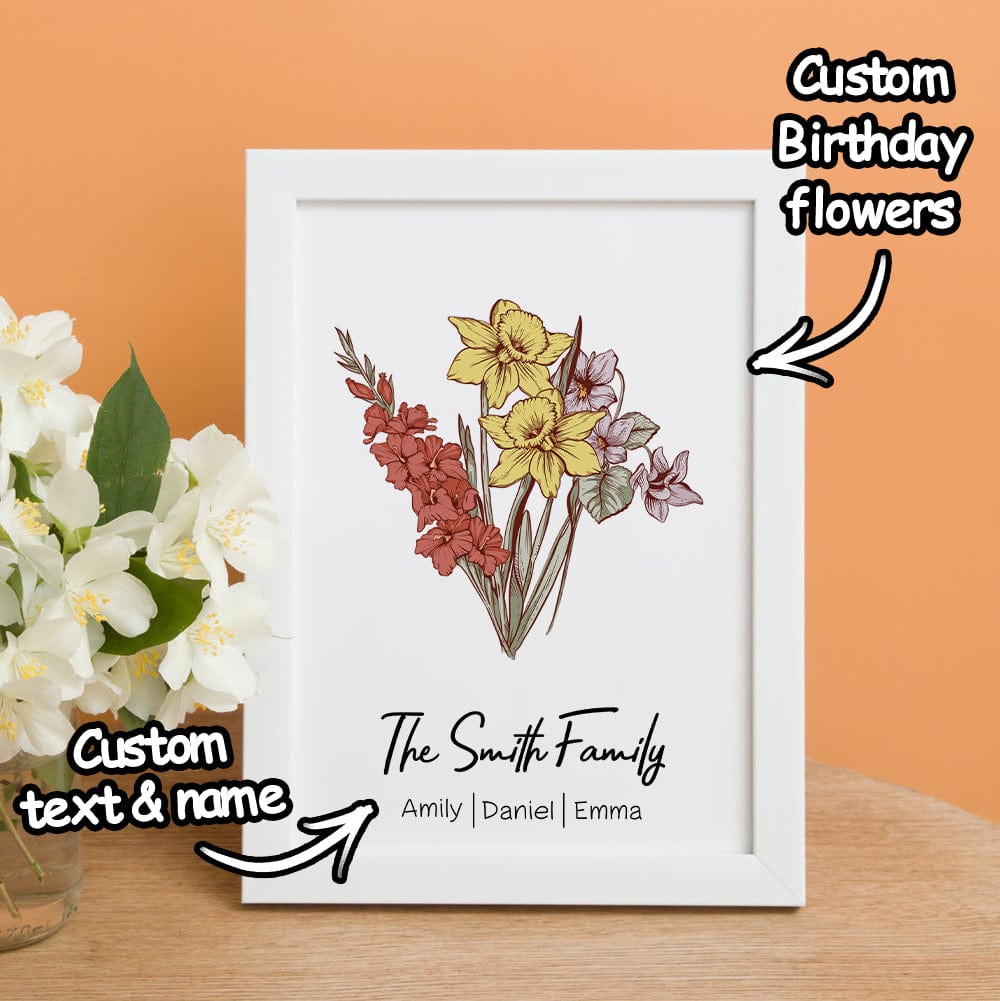 Personalized Birth flower Bouquet White Names Frame Gift for Mom - Image 2