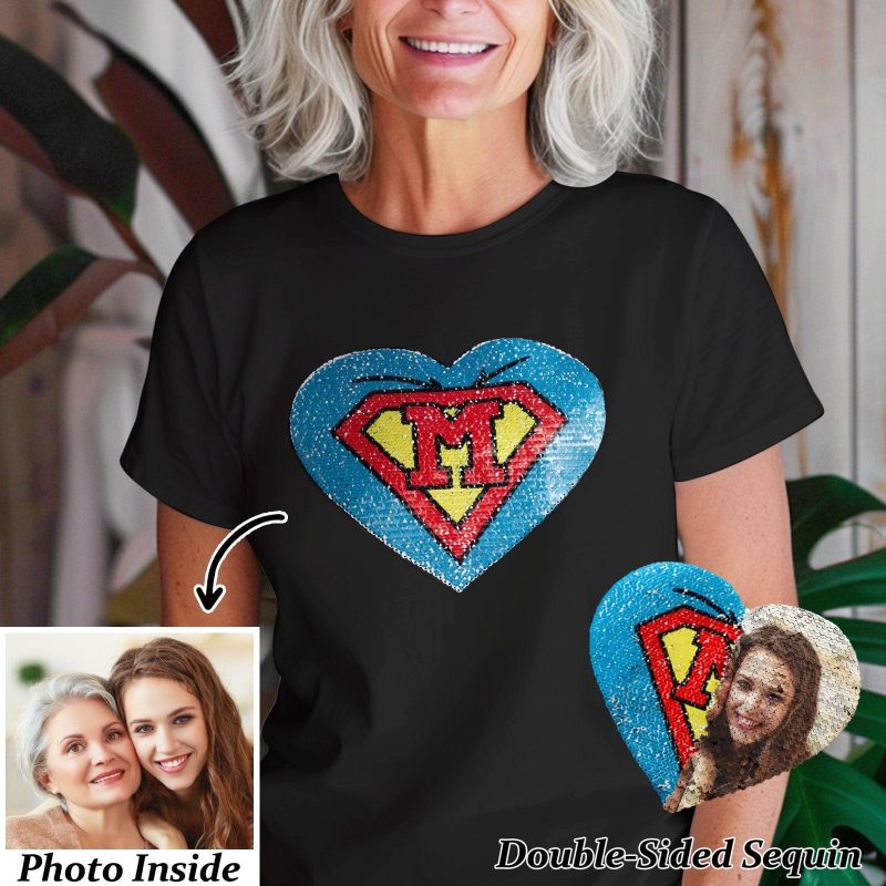 Custom Photo Heart Flip Double Sided Sequin T-shirt Personalized Picture Sequin Tee Mother’s Day Gifts