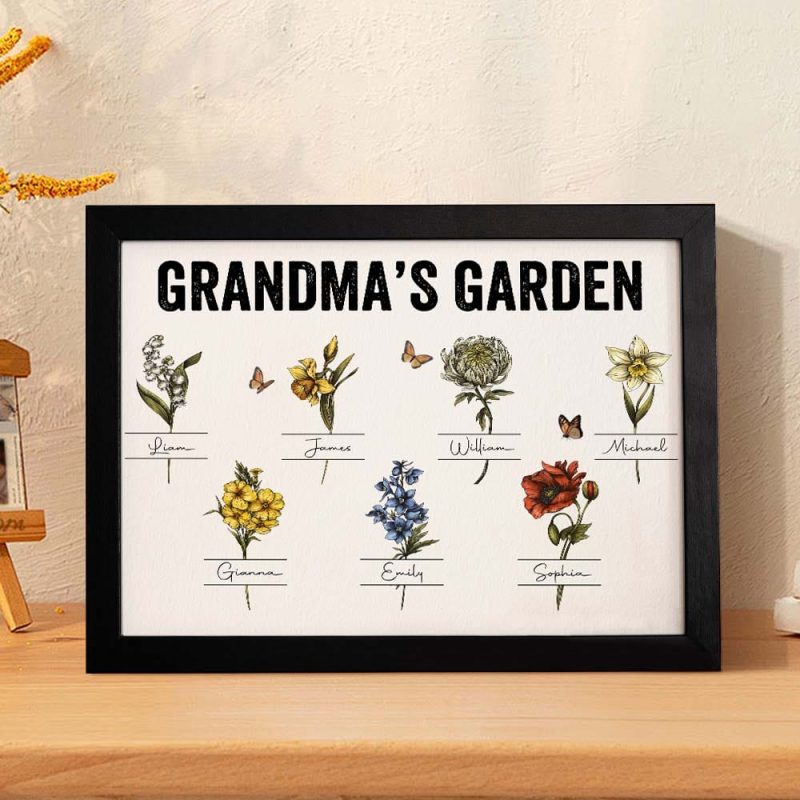 Custom Birth Month Flowers Garden With Grandkids Names Personalized Wooden Photo Frame Grandma’s Garden Mother’s Day Gifts