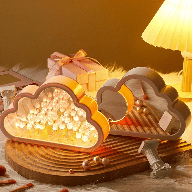 DIY Cloud Tulip Mirror Night Light Simulation Flower Bedroom Sleeping Table Lamp