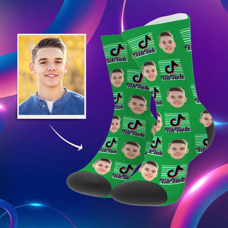 Tiktok Socks Custom TikTok Socks Face Socks TikTok Presents With Faces Green Christmas Gift