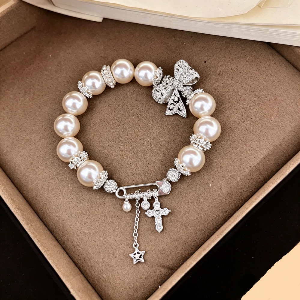 Rhinestone Bow Pearl Beaded Bracelet, Safety Pin Cross Star Dangle Charm Bracelet for Women