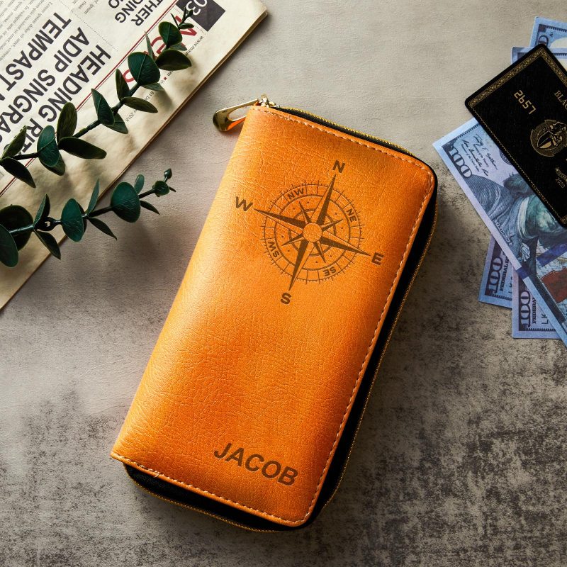 Compass Wallet Custom Engraved Wallet Leather Passport Cover Travel Gifts for Him