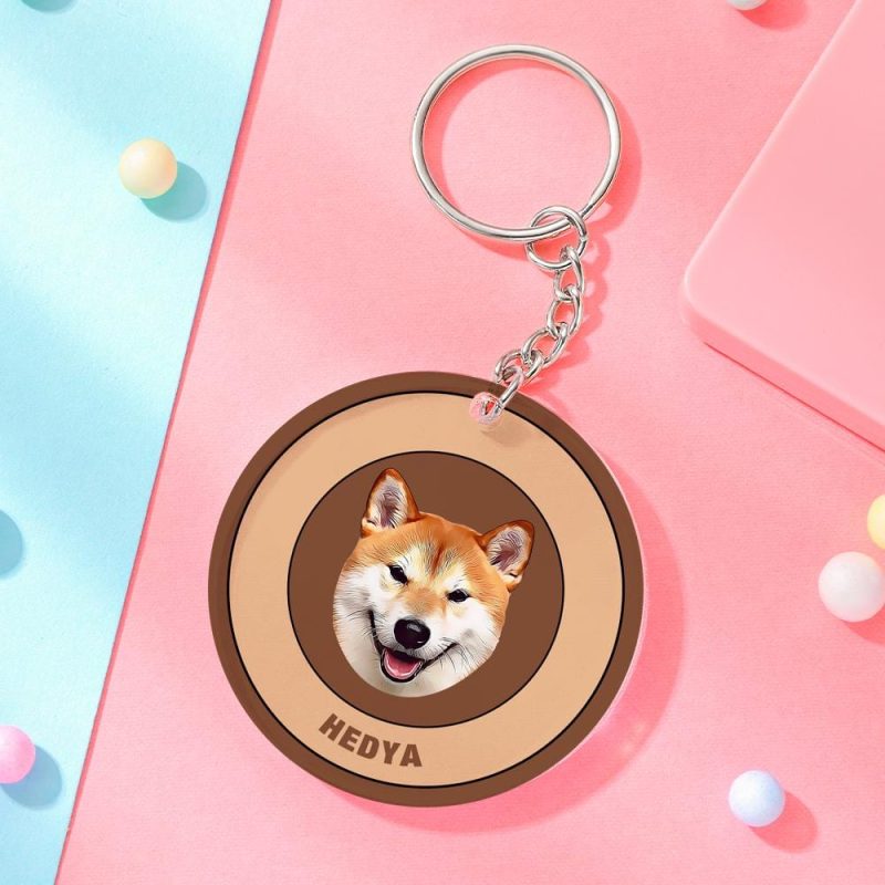 Custom Round Keychain Personalized Pet Photo with Name Keychains Gift for Pet Lover – Brown