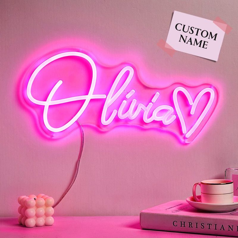 Custom Name Pink Adjustable Lamp Personalized Love Heart Neon Sign Children’s Room Decor