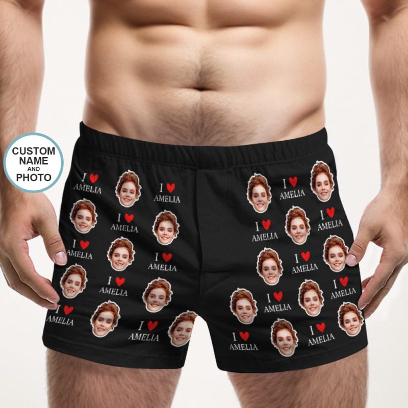 Custom Face Multicolor Boxer Shorts I Love You Personalized Photo Underwear Gift for Him
