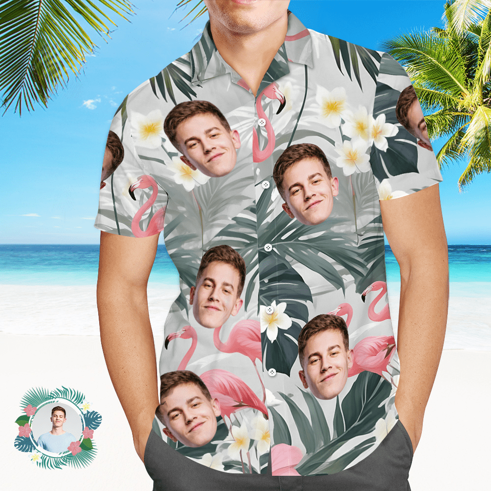 Custom Face All Over Print Men's Hawaiian Shirt Flamingo Pink Flowers and Leaves