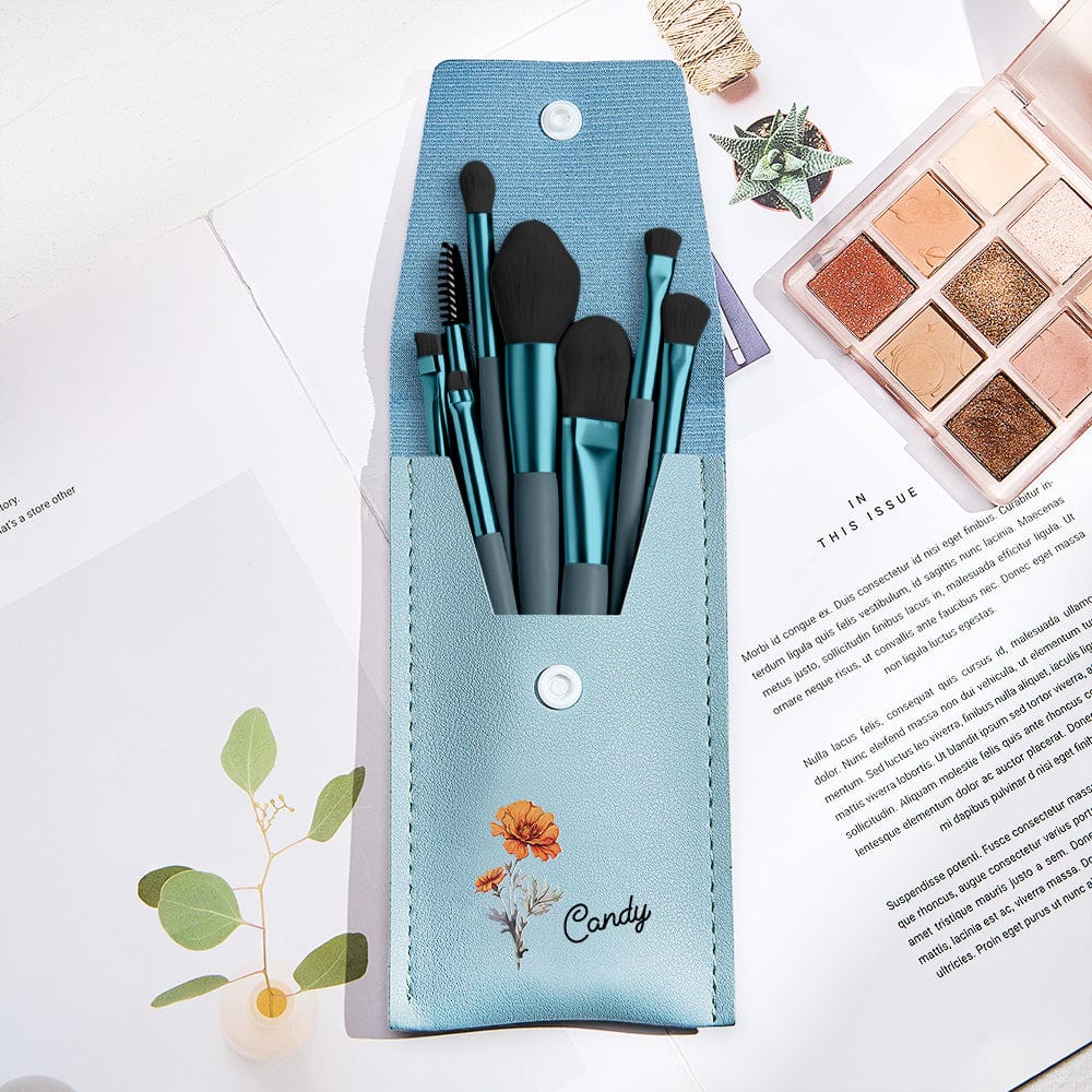 Personalized Birth Flower Leather Makeup Brush Bag with 8 Pcs Makeup Brushes Birthday Wedding Gift - Image 5