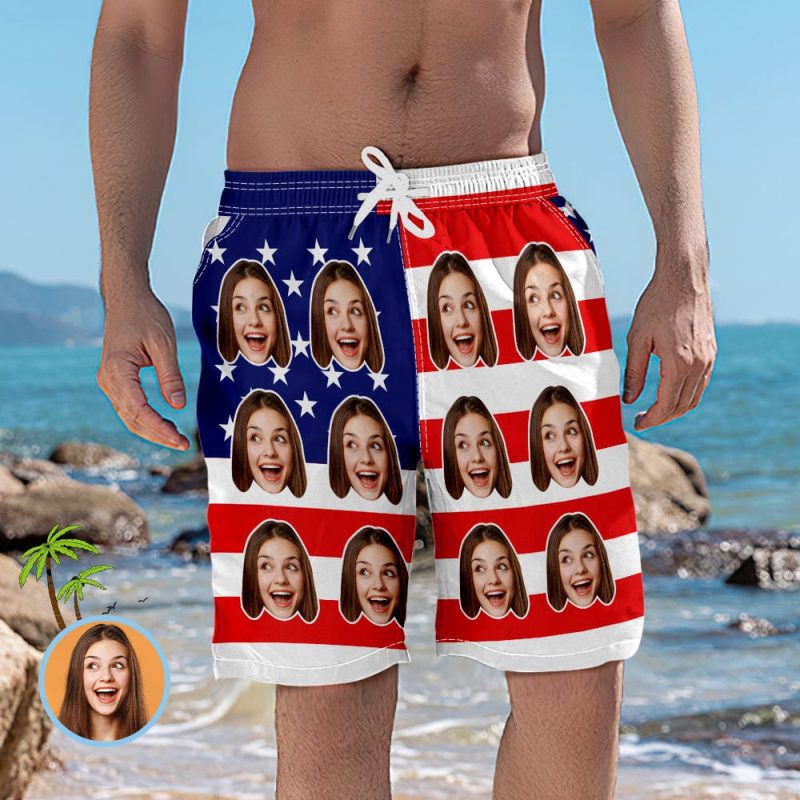 Custom Face Swim Trunks Men’s American Flag Swim Trunks