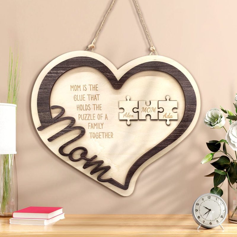 Mother’s Day Plaque Personalized Wooden Heart Puzzle Sign You Are The Piece Holds Us Together