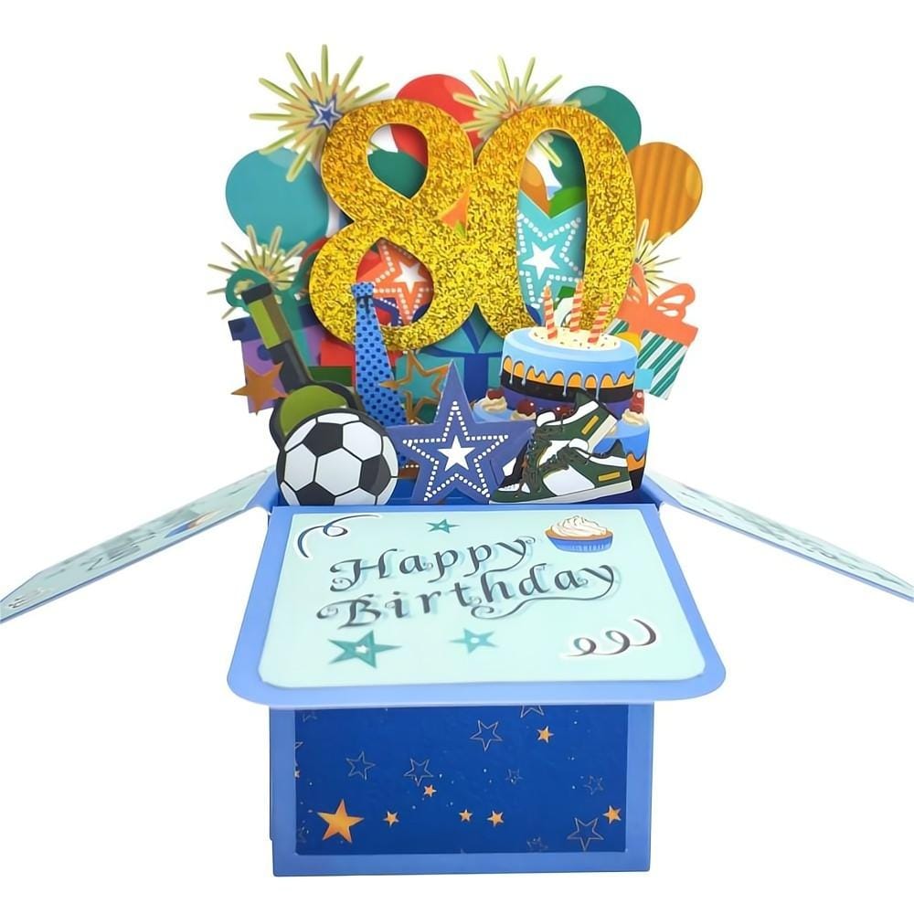 Blue Birthday Pop Up Box Card 80th Birthday 3D Pop Up Greeting Card - Image 2