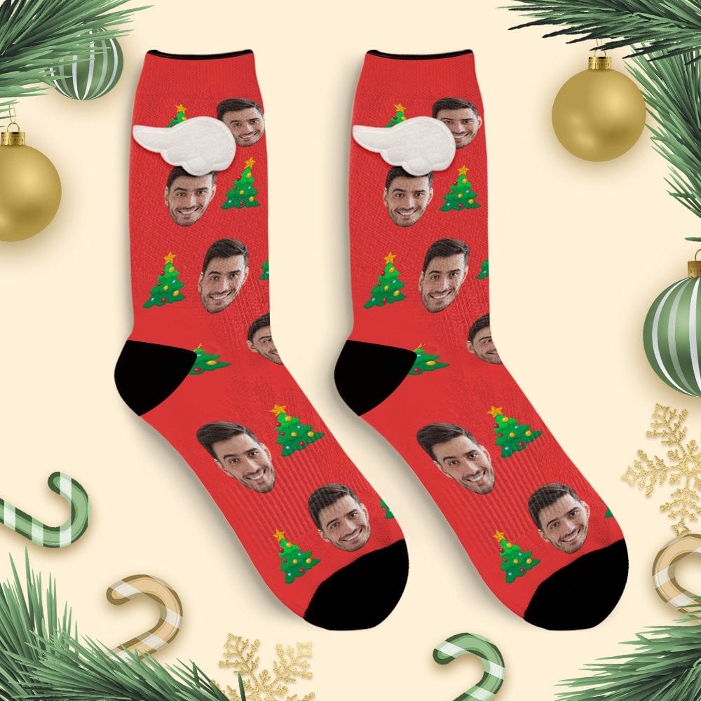Custom Face Socks with Christmas Tree 3D Magnetic Wing Red Socks for Pet Lover - Image 2