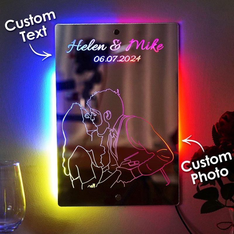 Custom Photo Line Art Mirror Light Personalized Name Mirror Light