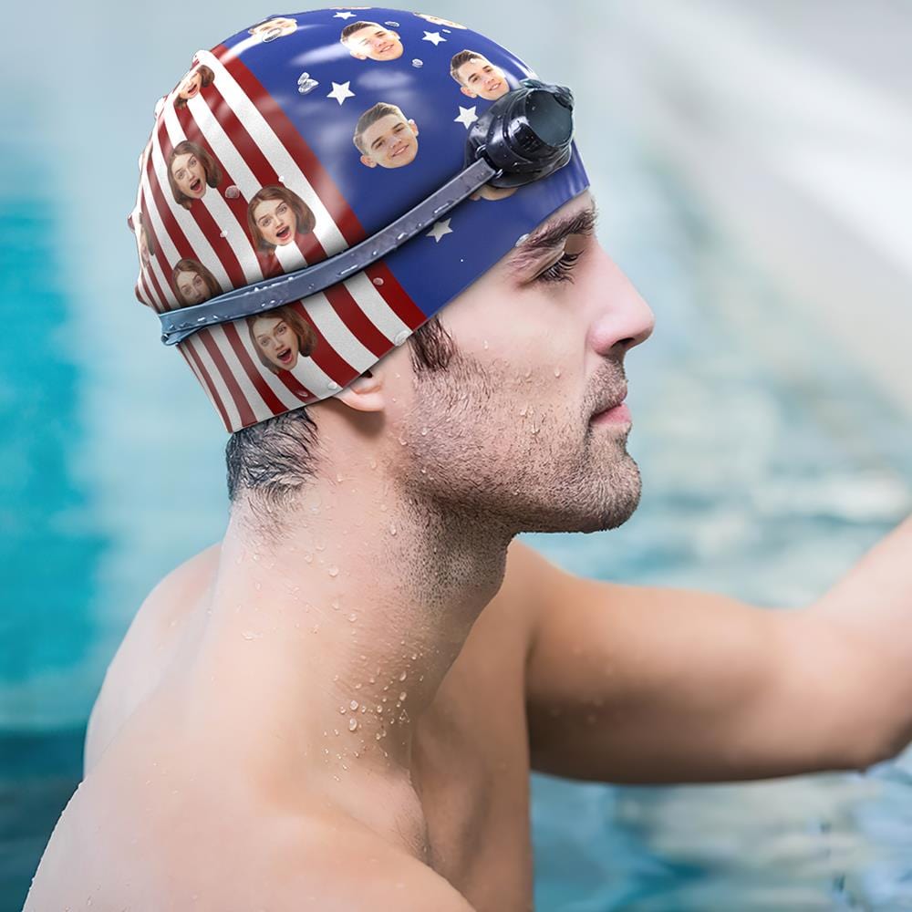 Personalized Swim Caps with Face Silicone Printed Cap Gifts For Couple - American Flag - Image 2