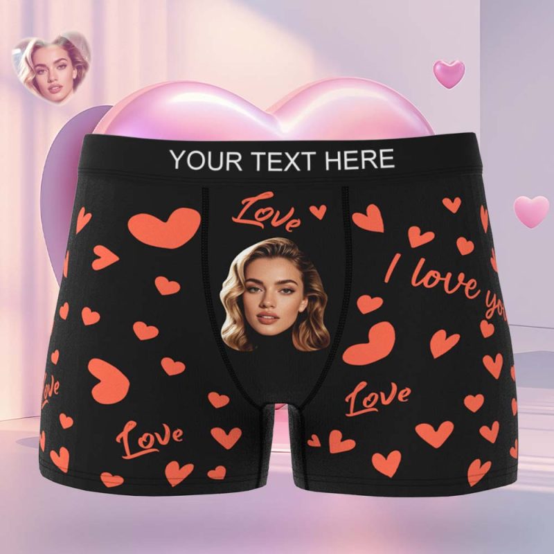 Custom Men’s Face Boxer Underwear Personalized Boxer Briefs with Heart Pattern Special Present for Valentine’s DayUS