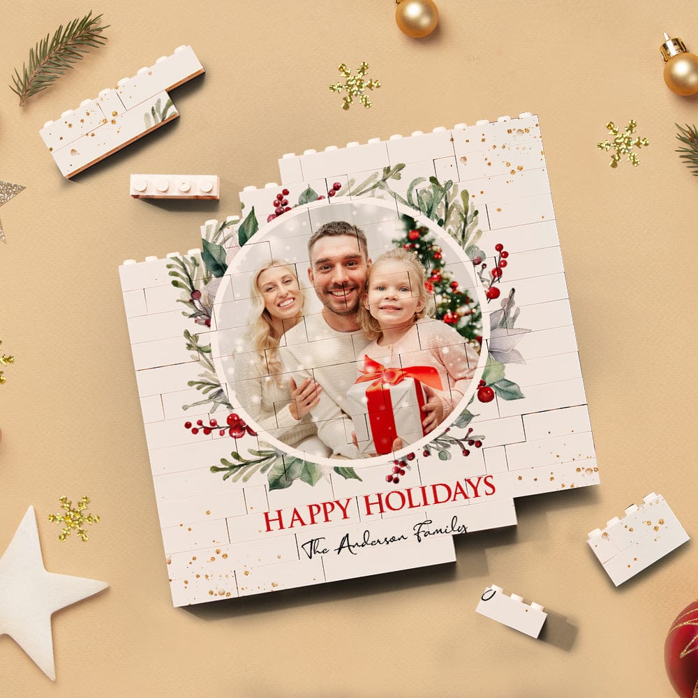 Custom Building Block Puzzle Square Family Photo Brick Happy Holidays - Image 2