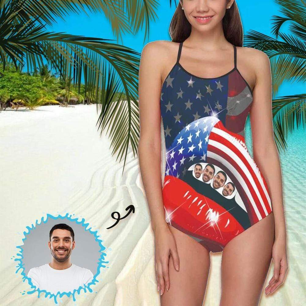 Custom Face Swimwear Women's Photo Slip One Piece Swimsuit- USA Flag With Lips - Image 2