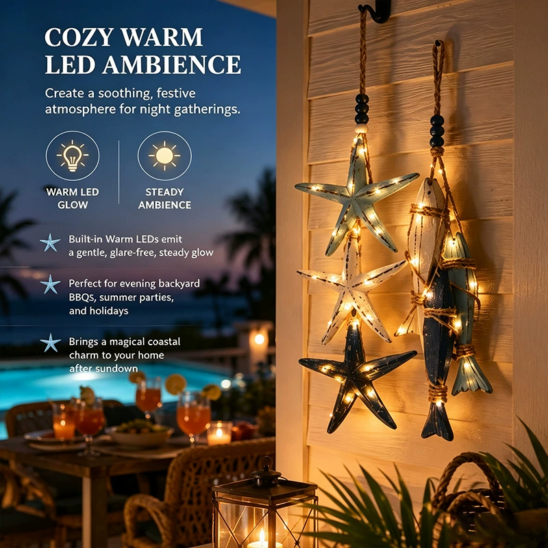Wooden Fish Starfish Wall Decor Beachy Wall Decor with Warm Light Coastal Nautical Hanging Decor for Bathroom
