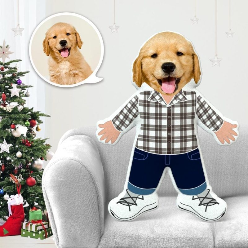 Custom Stuffed Animals Dog Face Pillow Pet Photo Pillow Gifts for Dog Lovers Plaid Shirt Costume