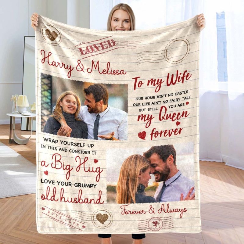 To My Wife Custom Photo and Name Blanket Valentine’s Day Gift