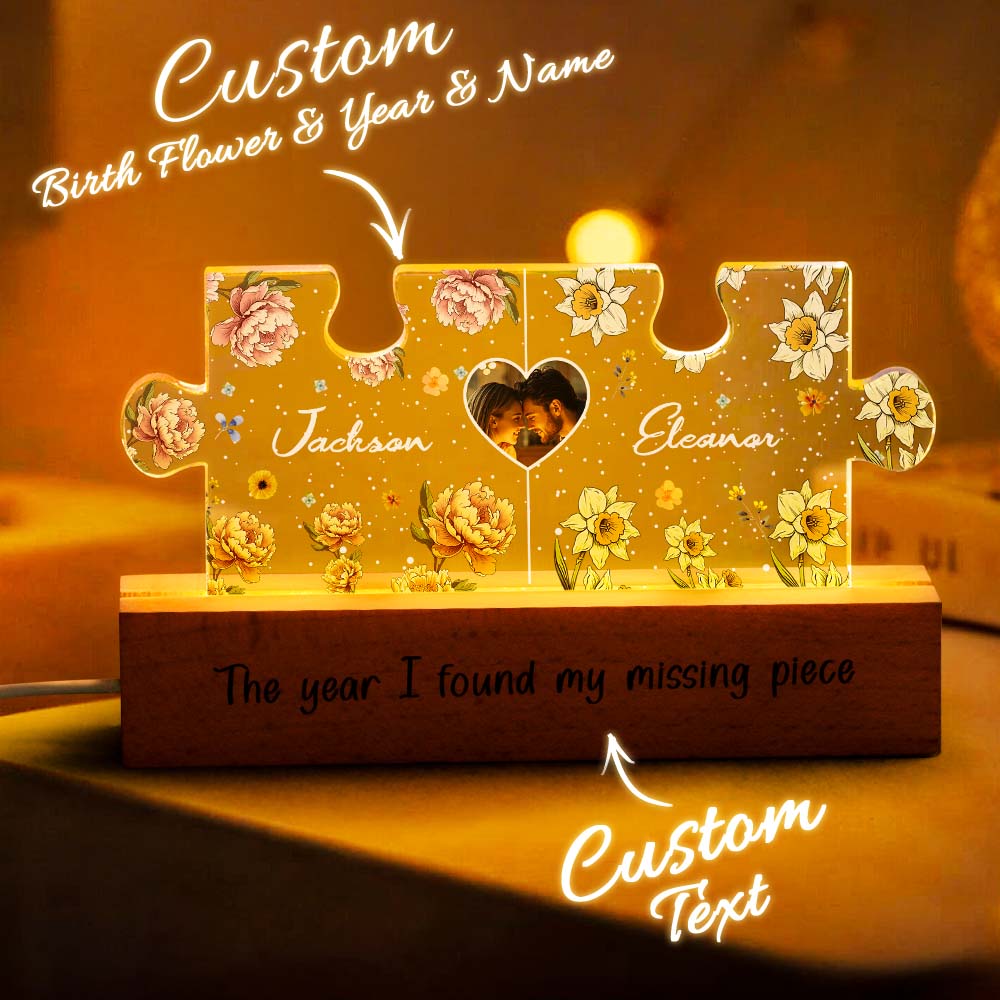 Personalized Couple Puzzle LED Night Light with Birth Flower Photo Night Light Gifts for Her - Image 4