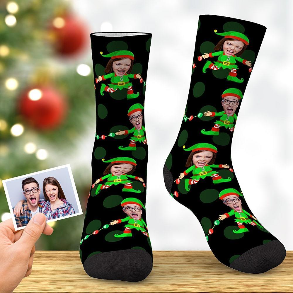 Personalized Photo Socks Custom Face Socks Christmas Elf Socks Black - Image 2