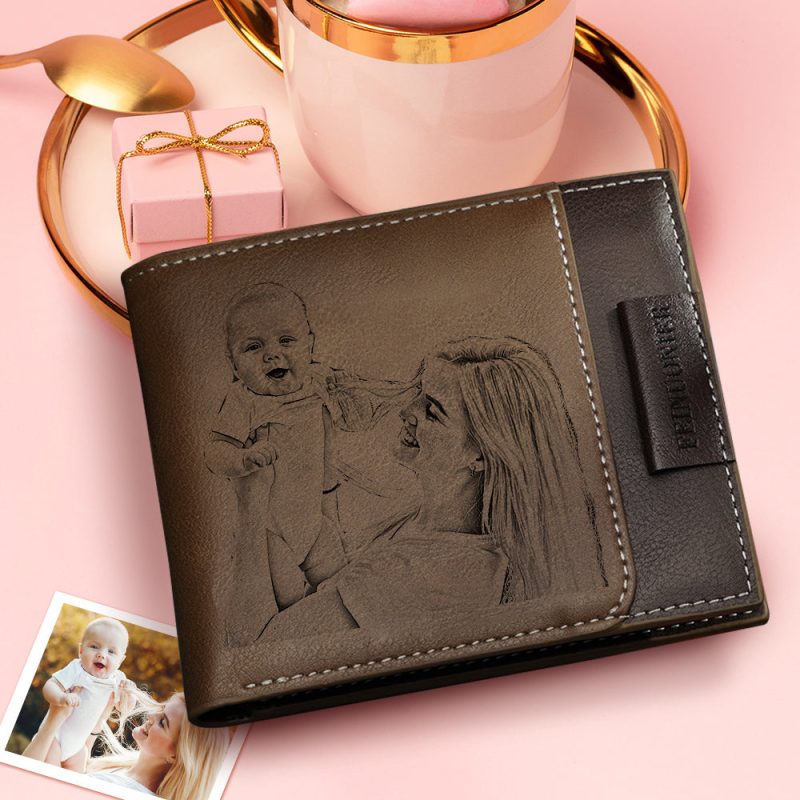Best Gift Choice – Custom Photo Engraved Wallet RFID Blocking Wallet Brown Personalized Wallets