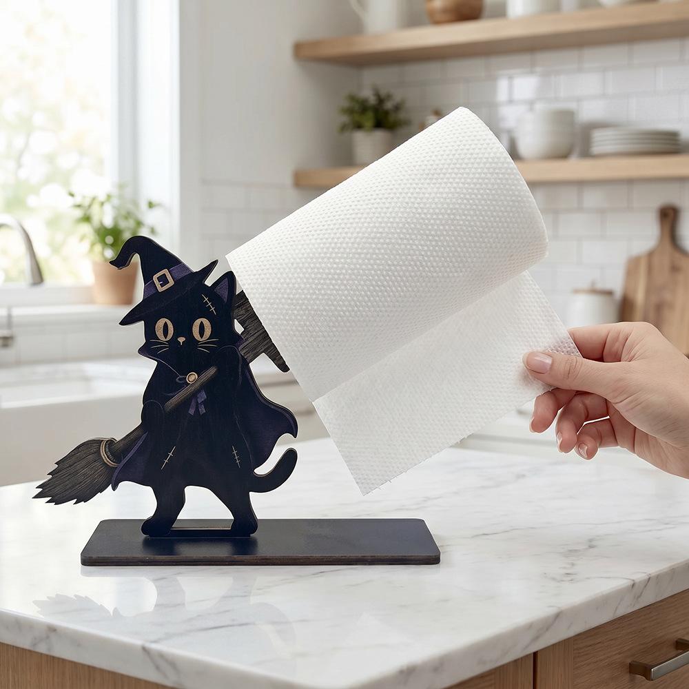 Halloween Themed Wooden Paper Towel Holder, Cute Ghost Pumpkin Cat Counter Tissue Rack - Image 2
