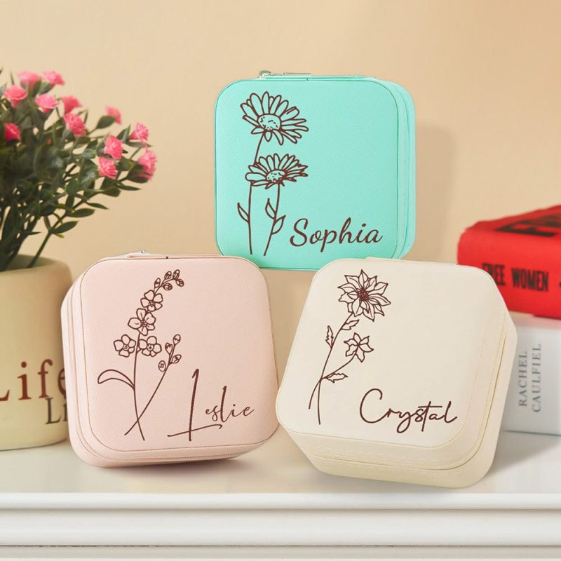 Personalized Birth Flower Jewelry Box Custom Leather Jewelry Organizer Storage Christmas Gift for Her
