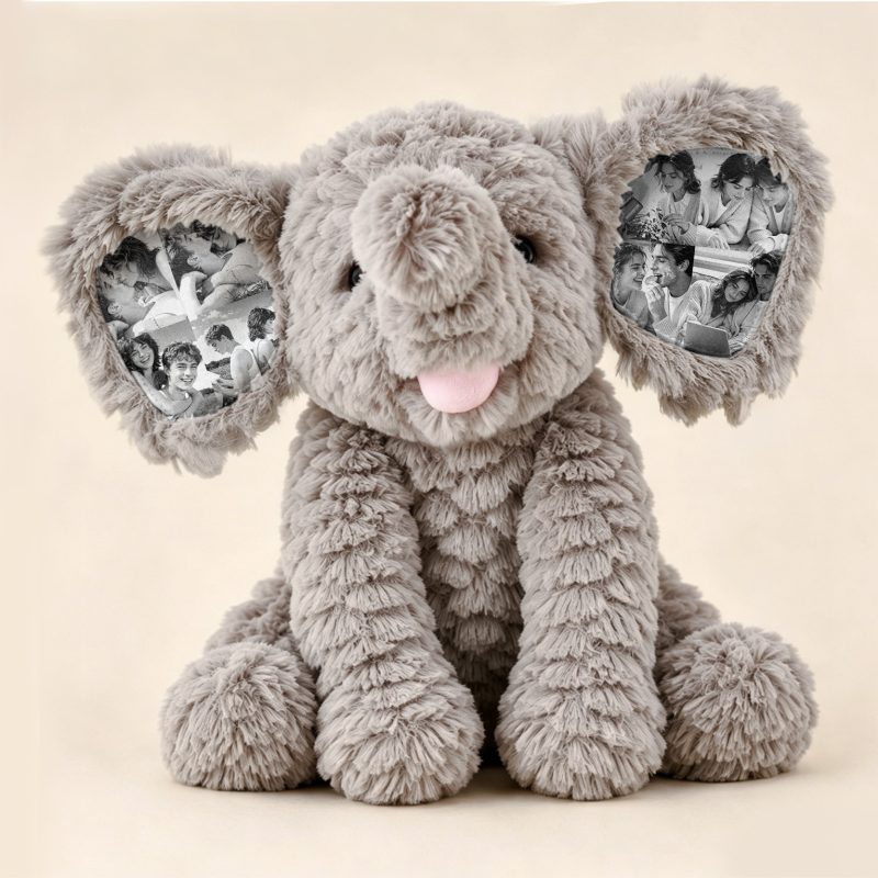Custom Photo Elephant Plush – Personalized Ear Picture Elephant Gift for Couples Anniversary Gifts