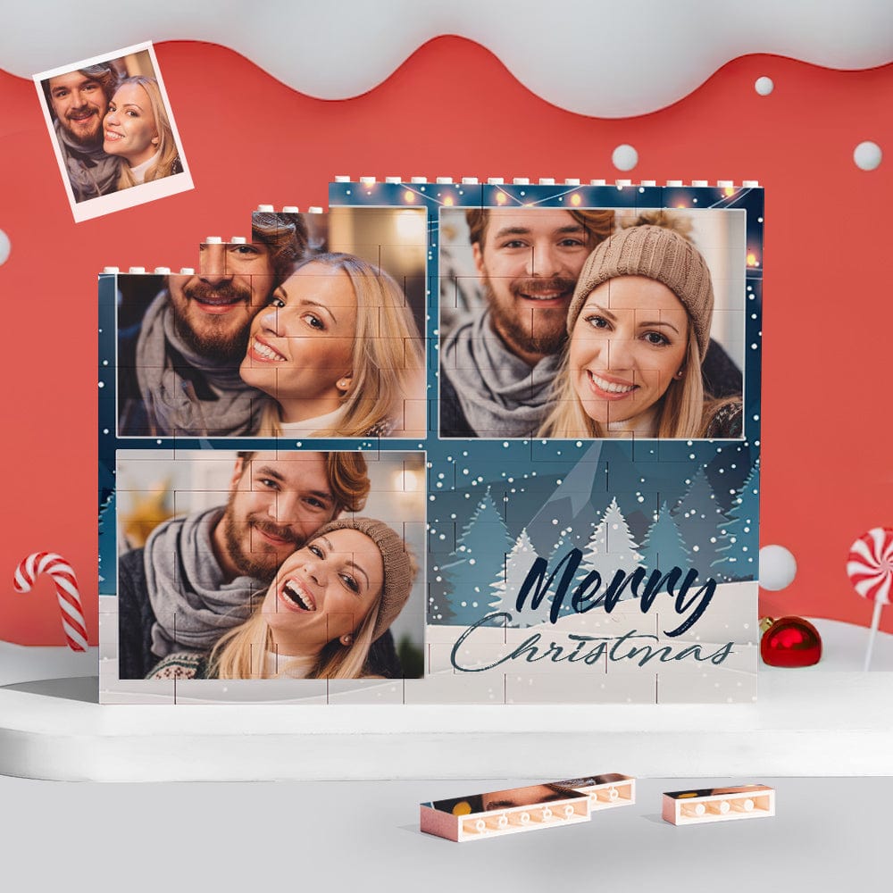 Custom Building Block Puzzle Personalized Blue Horizontal Trio Couple Photo Brick Christmas Gift