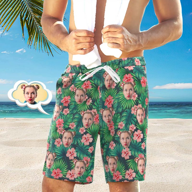 Men’s Custom Face Beach Trunks All Over Print Photo Shorts Green Leaves and Flowers
