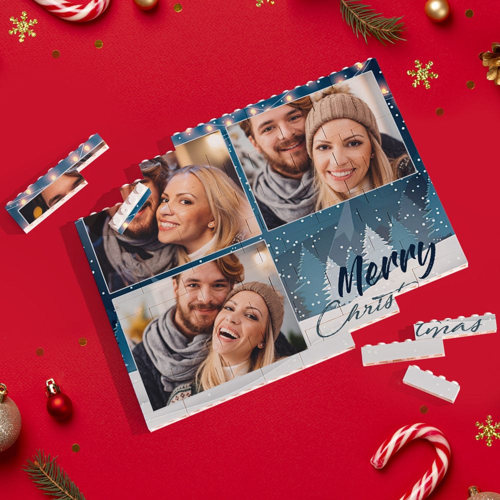Custom Building Block Puzzle Personalized Blue Horizontal Trio Couple Photo Brick Christmas Gift - Image 2