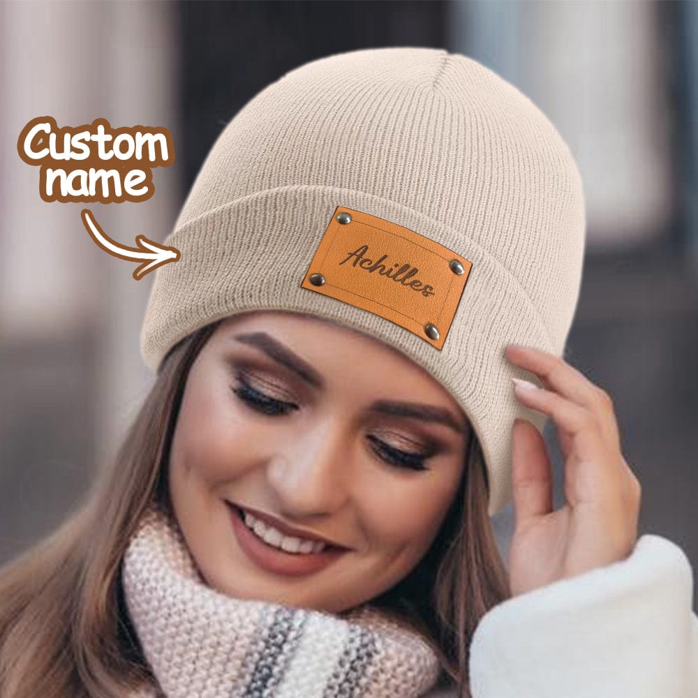 Personalized Baby Beanie Custom Name Leather Patch Beanie Gifts for Kids or Adult