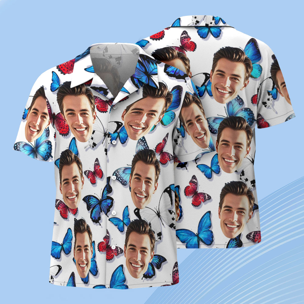 Custom Face Hawaiian Shirt Colorful Butterfly Summer Aloha Vacation for Men - Image 3