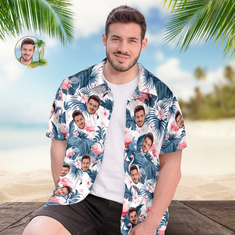 Custom Face All Over Print Men’s Hawaiian Shirt Flamingo and Flowers Blue Leaves