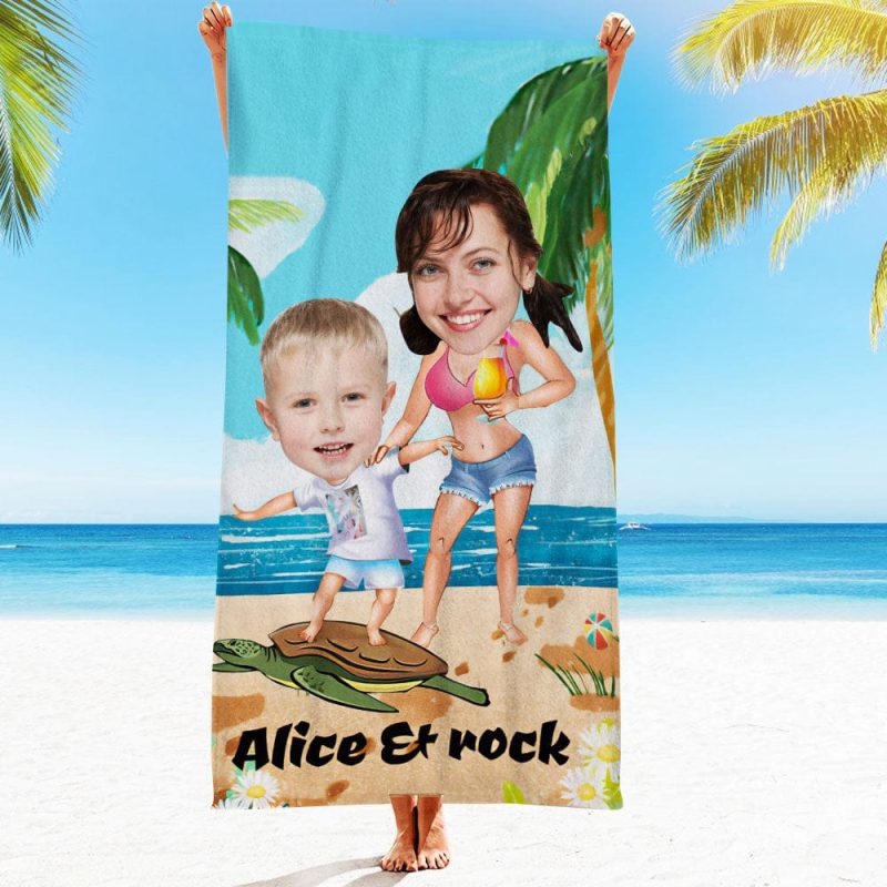 Custom Face Beach Towel Personalized Mommy with Me Beach Towel Funny Gift for Summer