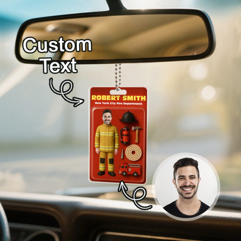 Custom 3D Effect Action Figure Customizable Head Packaging Toy Box Style Art Gift Personalized Acrylic Car Hanger Gift for Firefighter