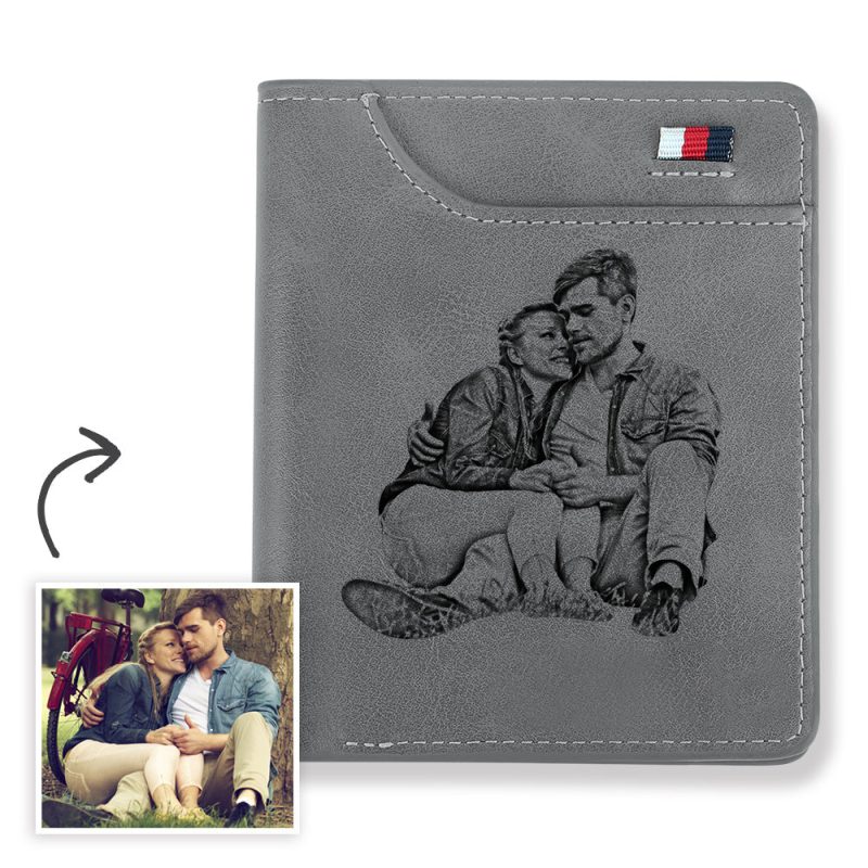 Men’s Personalized Photo Engraved Wallet Grey Leather