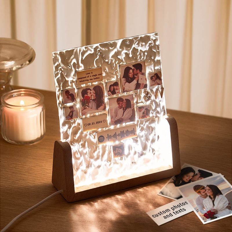 Custom Heart-Shaped Photo Frame Night Light Personalized Spotify Code Wooden Accessory Valentine’s Day Gift for Couples