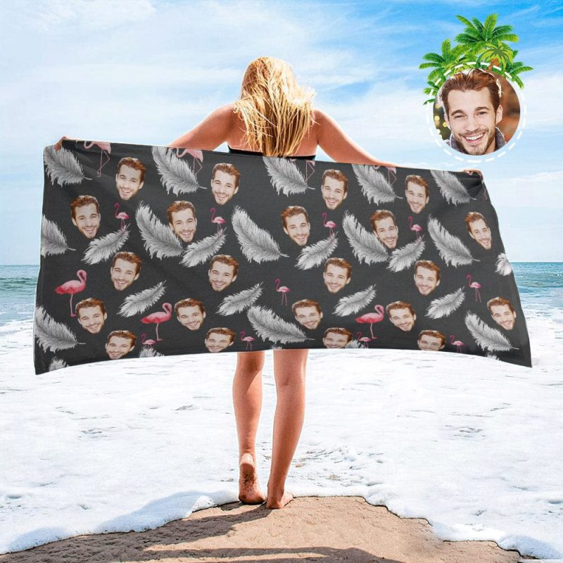Personalized Beach Towels with Photo Custom Flamingos and Feathers Beach Towel