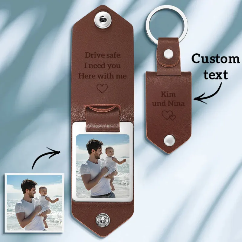 Custom Photo And Text Drive Safe Leather Keychain for Father – A Loving Reminder to Come Home for Father’s Day