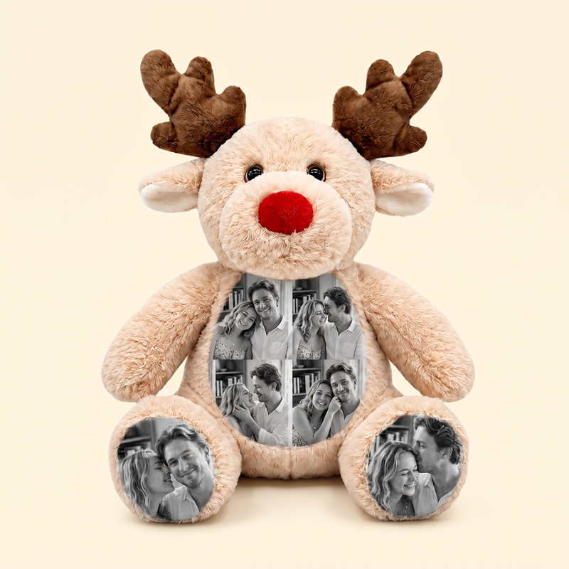 Custom Photo Christmas Reindeer Plush Personalized Stuffed Animal With Name Date Custom Picture Collage Reindeer Toy Couple Gift For Christmas 3